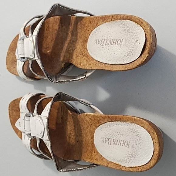 White Wedge Sandals with Leather Straps Stitching Cork Soles - Picture 6 of 13